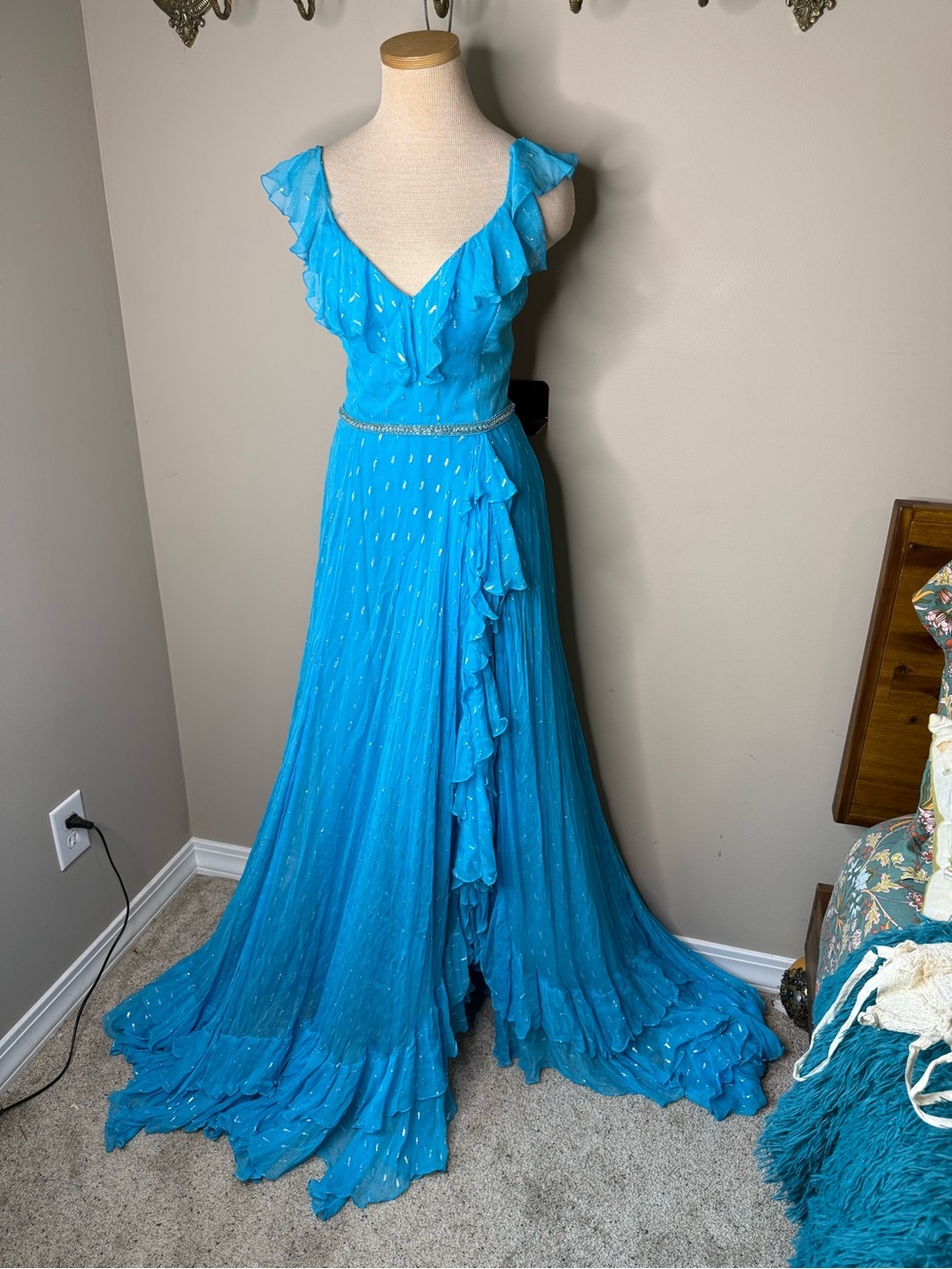Sherri Hill 52643 Aqua Blue Metallic Chiffon Corset Ruffle Gown Size 12 - Picture 4 of 11